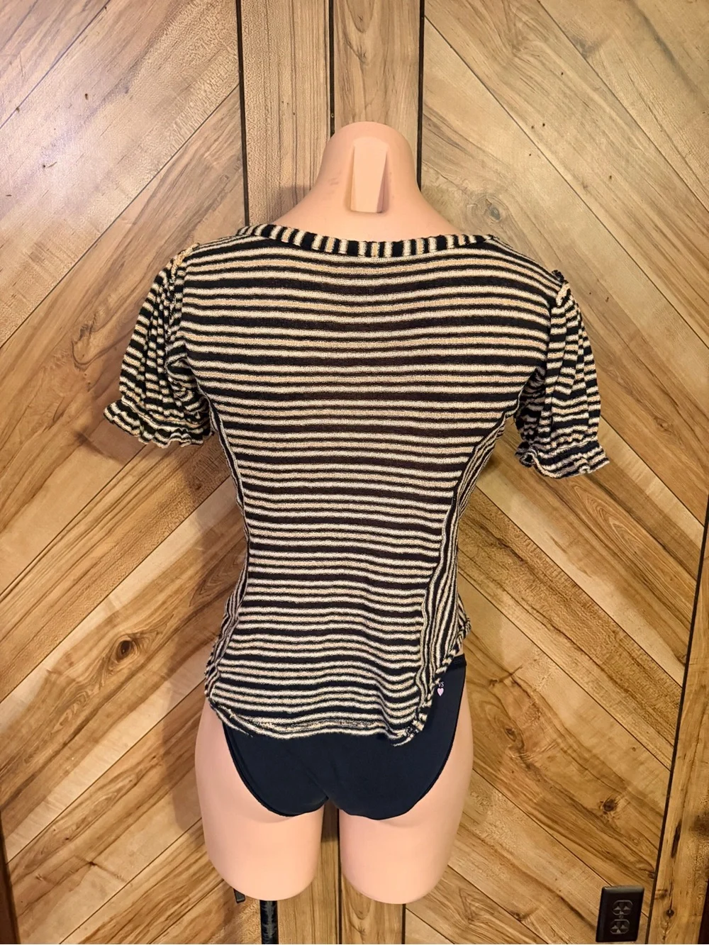 Free People Womens L Striped Puff Sleeve Knit Scoop Neck Top Tee Boho